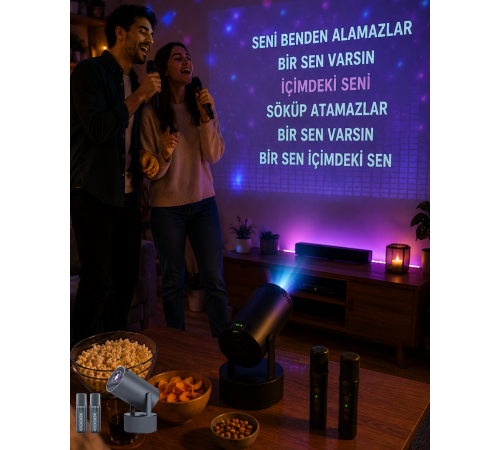 3ü 1 Arada Karaoke ve Projeksiyon Sistemi Çift Mikrofon Destekli