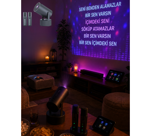 Bluetooth Hoparlörlü Akıllı Projektör Kablosuz Karaoke Mikrofonlu