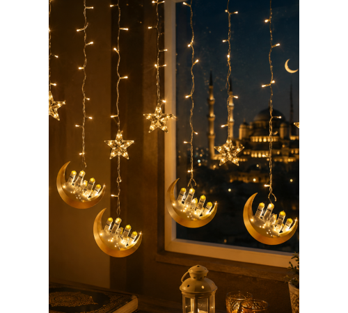 Hilal Yıldız LED Ramazan Işığı 3 Metre Dekoratif Perde Aydınlatması
