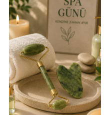 Jade Stone Yüz Bakım Seti Gua Sha ve Roller Masaj Taşı