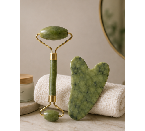 Jade Roller ve Gua Sha Taşı Yüz Bakım Masaj Seti
