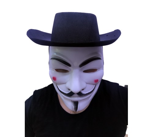 Siyah Renkli Delikli Çocuk Boy Vendetta Şapkası ve Vendetta Maskesi Siyah Renkli Delikli Çocuk Boy Vendetta Şapkası ve Vendetta Maskesi