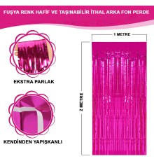 Ekstra Metalize Parlak Saçaklı Arka Fon Perde Fuşya