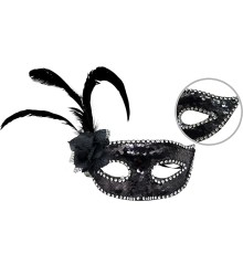 Siyah Yandan Tüylü Güllü Taşlı Pullu Maske