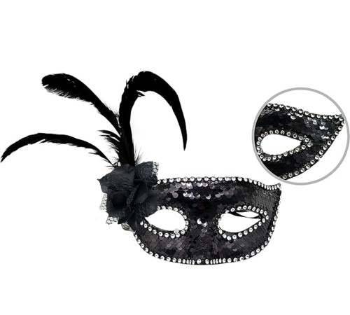 Siyah Yandan Tüylü Güllü Taşlı Pullu Maske Siyah Yandan Tüylü Güllü Taşlı Pullu Maske