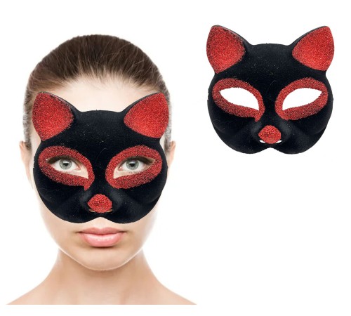 Siyah Kırmızı Simli Süet Kedi Maskesi