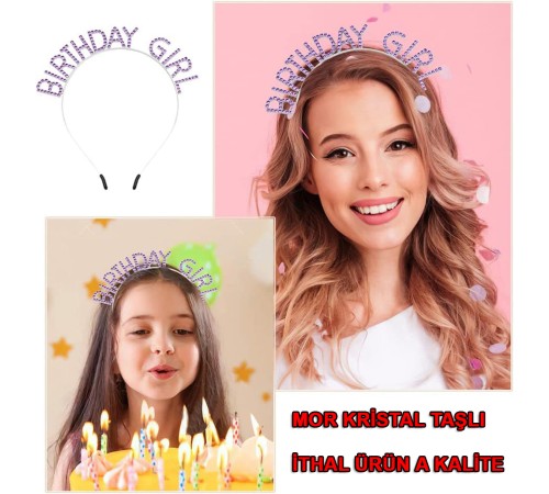 Mor Renk Kristal Taşlı Parlak Birthday Girl Yazılı Taç