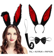 Siyah Kırmızı Peluş Tavşan Kulak Seti Yetişkin Boy