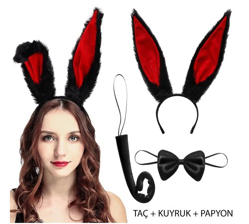 Siyah Kırmızı Peluş Tavşan Kulak Seti Yetişkin Boy Siyah Kırmızı Peluş Tavşan Kulak Seti Yetişkin Boy