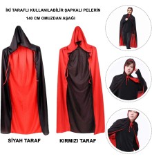 Siyah Kırmızı Çift Taraflı Kapişonlu Pelerin