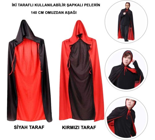 Siyah Kırmızı Çift Taraflı Kapişonlu Pelerin