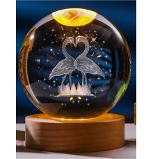 Ahşap Tabanlı LED Işıklı Flamingo Figürlü Kristal Küre