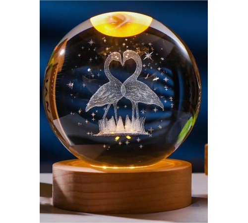 Ahşap Tabanlı LED Işıklı Flamingo Figürlü Kristal Küre