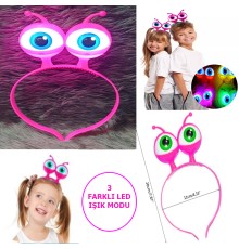 Led Işıklı & Pilli Uzaylı Göz Parti Tacı Pembe Renk