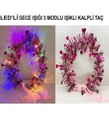 Kalp Püsküllü 3 Modlu LED Işıklı Taç Fuşya Renk