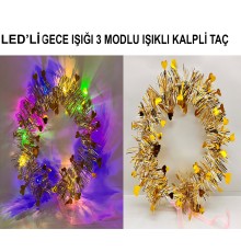 Kalp Püsküllü 3 Modlu LED Işıklı Taç Altın Renk