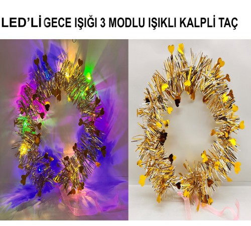Kalp Püsküllü 3 Modlu LED Işıklı Taç Altın Renk