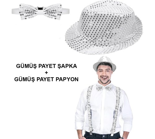 Gümüş Payetli Şapka ve Papyon Seti – Parıltılı Yetişkin Kostüm Seti Gümüş Payetli Şapka ve Papyon Seti – Parıltılı Yetişkin Kostüm Seti