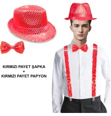 Kırmızı Payetli Şapka ve Papyon Seti – Parıltılı Yetişkin Kostüm Seti