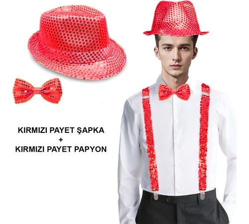 Kırmızı Payetli Şapka ve Papyon Seti – Parıltılı Yetişkin Kostüm Seti Kırmızı Payetli Şapka ve Papyon Seti – Parıltılı Yetişkin Kostüm Seti
