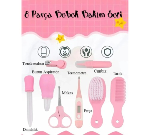 8 Parça Bebek Bakım Seti Pembe Renk 8 Parça Bebek Bakım Seti Pembe Renk