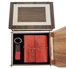 Özel Ahşap Kutulu Kiremit Rengi Deri Defter ve Anahtarlık Set