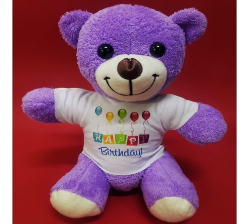 Happy Birthday Tişörtlü Peluş Mor Ayıcık Happy Birthday Tişörtlü Peluş Mor Ayıcık