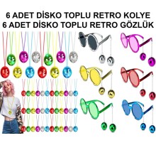 12 Parça Renkli Disko Toplu Retro Parti Seti – 6 Kolye + 6 Gözlük