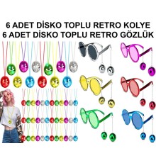 12 Parça Renkli Disko Toplu Retro Parti Seti – 6 Kolye + 6 Gözlük
