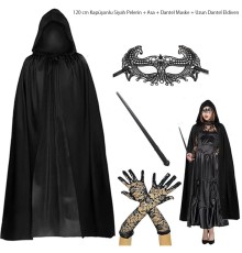 120 cm Kapüşonlu Siyah Pelerin + Asa + Dantel Maske + Uzun Dantel Siyah Eldiven Kostüm Seti
