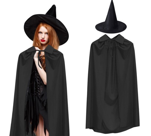 120 cm Siyah Yakalı Pelerin ve Siyah Cadı Şapkası Kostüm Seti