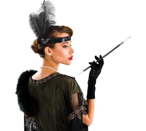 1920'ler Gatsby Aksesuar Seti – Siyah Charleston Saç Bandı & Sigaralık 1920'ler Gatsby Aksesuar Seti – Siyah Charleston Saç Bandı & Sigaralık
