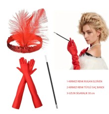 1920’ler Tarzı Kırmızı Tüylü Saç Bandı, Kırmızı Rugan Eldiven ve Sigaralık Seti