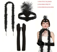 1920’ler Tarzı Siyah Tüylü Saç Bandı, Rugan Siyah Eldiven ve Siyah Otri̇ş Seti