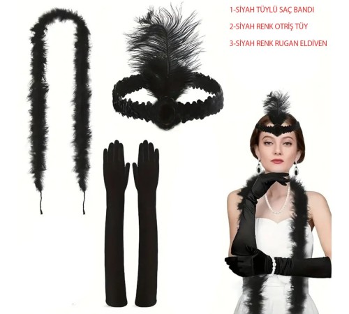 1920’ler Tarzı Siyah Tüylü Saç Bandı, Rugan Siyah Eldiven ve Siyah Otri̇ş Seti