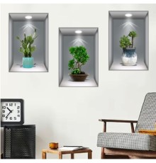 3D Çiçek Vazo Duvar Sticker 3 lü Set GRİ Fon