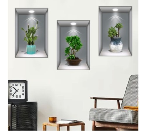 3D Çiçek Vazo Duvar Sticker 3 lü Set GRİ Fon