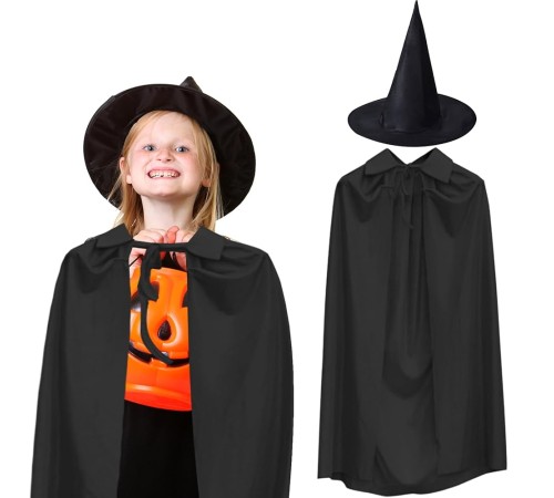 90 cm Siyah Yakalı Pelerin ve Siyah Cadı Şapkası Kostüm Seti