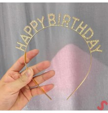 Altın Gold Renk Kristal Taşlı Parlak Happy Birthday Taç 16x17 cm