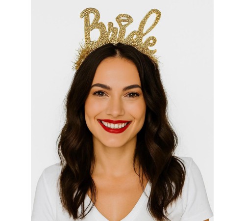 Altın Renk Bekarlığa Veda İtalik Yazı Alyanslı Bride Taç