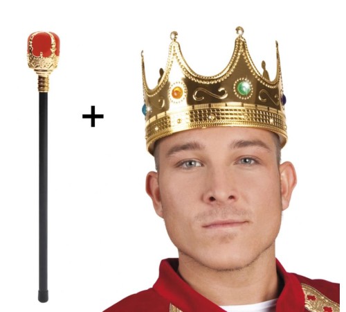 AltınRenk60cmKralTacıKraliyetTacıveKırmızıTopuzluKralAsasıSeti