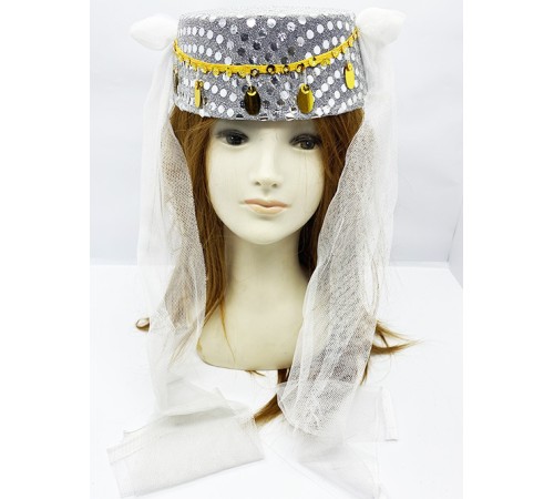 Beyaz Duvaklı Altın Pul İşlemeli Kına Fesi Kına Şapkası Oryantal Şapkası