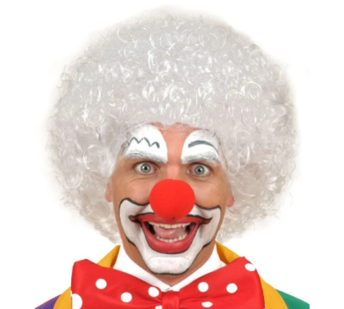 Beyaz Renk Kıvırcık Afro Bonus Peruk Saç ve Kırmızı Sünger Burun Seti Beyaz Renk Kıvırcık Afro Bonus Peruk Saç ve Kırmızı Sünger Burun Seti