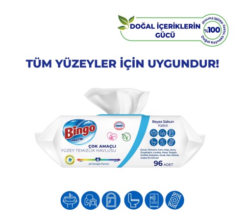 Bingo Yüzey Temizlik Havlusu 96 Adet Beyaz Sabun Bingo Yüzey Temizlik Havlusu 96 Adet Beyaz Sabun