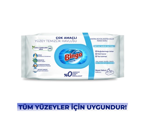 Bingo Yüzey Temizlik Havlusu 96 Adet Beyaz Sabun Bingo Yüzey Temizlik Havlusu 96 Adet Beyaz Sabun