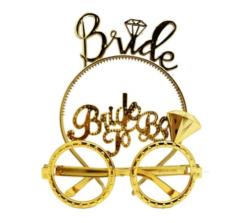 BrideYazılıTaçveBrideToBeYazılıGözlükSetiAltınRenk
