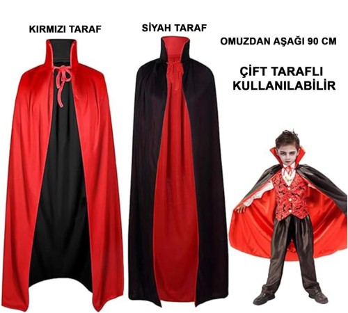 Çift Taraflı Kullanılabilir Siyah Kırmızı Kapişonlu Pelerin 90 cm Çocuk Çift Taraflı Kullanılabilir Siyah Kırmızı Kapişonlu Pelerin 90 cm Çocuk