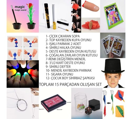 Çocuklar İçin 15 Parça Sihirbazlık ve İllüzyon Seti – Başlangıç Gösteri Kutusu