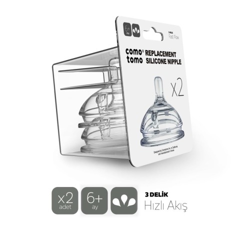 Comotomo Silikon 2'Li Biberon Emziği Hızlı Akış 6+ Ay Comotomo Silikon 2'Li Biberon Emziği Hızlı Akış 6+ Ay