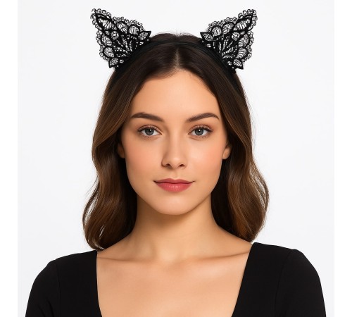 Dantelli Siyah Kedi Tacı - Vintage Tarz Dantel Kedi Kulak